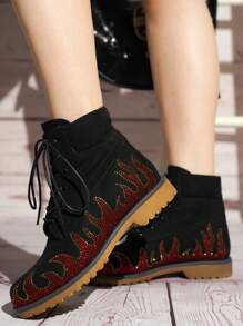 Women's  Rhinestone Flam Lace-Up Boots - Round Toe Low Heel For Brunch - Black - View 1