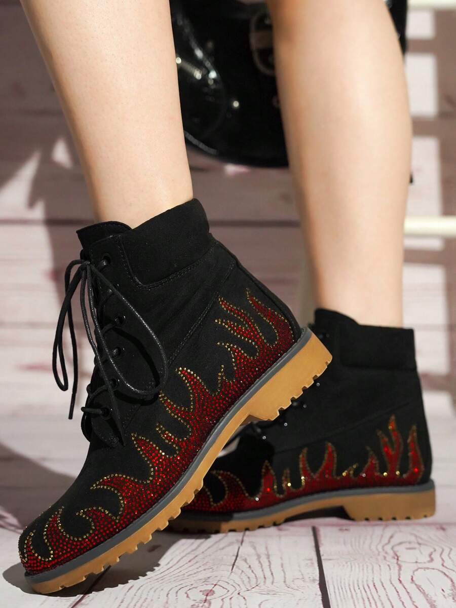 Women's  Rhinestone Flam Lace-Up Boots - Round Toe Low Heel For Brunch - Black - View 1