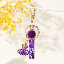 1 móc khóa chữ cái đầu màu tím, quả bóng lông nhỏ có tua rua, móc khóa chữ cái bằng nhựa cho túi xách và ba lô của phụ nữ - Quà tặng phụ kiện thời trang - Nhiều màu - Xem 36
