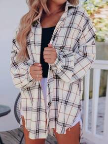 Astylish Women's Oversized Shacket Plaid Print Long Sleeve Button Down Shirt Jacket With Pockets Cozy Fall Spring Tops
