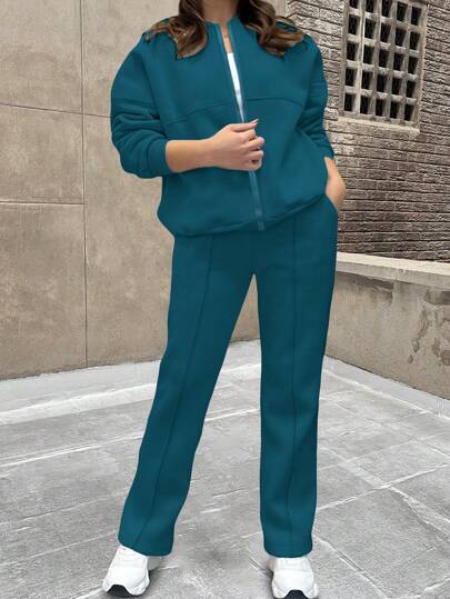 两件套休闲纯色卫衣外套上衣和直筒裤套装，柔软抓绒面料，适合春、秋、冬季穿着。