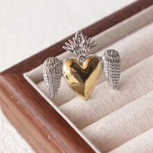 1pc Fashion 18k Gold Plated Heart Shape Rings Jewelry Zirconia Silver Chunky Ring Hip-Pop Retro Heart Wings Ring Valentines,Mom,Mother,Mother's Day,Gift