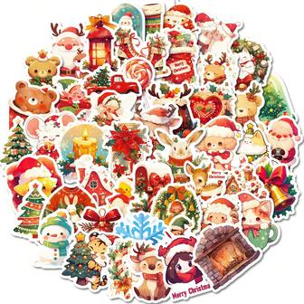50张圣诞贴纸圣诞快乐贴纸圣诞礼物圣诞卡片贴纸乙烯基复古贴纸适用于笔记本电脑手机汽车滑板水瓶剪贴簿电脑日记