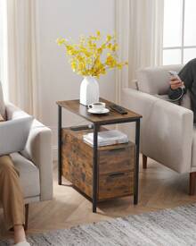 VASAGLE Slim Side Table With Charging Station, Narrow End Table With 2 Drawers, Bedside Table With Storage, For Living Room, Bedroom, Rustic Brown And Classic Black - UK Plug(220-240V) - View 1