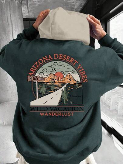 男友风男士新款撞色卫衣，休闲日常抽绳连帽运动衫，亚利桑那沙漠卡其色，正面袋鼠口袋，秋冬款