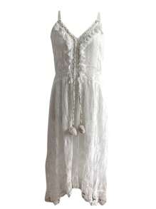 Women Lace Hem Dress, Deep V-Neck Sleeveless Beachwear, Summer Skirt, Beige/ White - 白色 - 查看 4