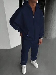Tween Boy 2pcs Set Casual Sports Training Solid Color Fleece Hooded Jacket And Solid Color Drawstring Pockets Fleece Sweatpants, Warm Outfit For Spring Autumn Winter - Navy Blue - View 4