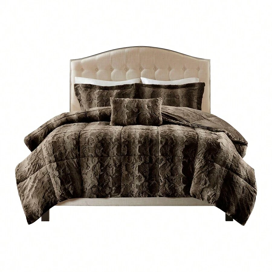 Gracie Mills Shawn 4-Peice Soft Faux Faux To Mink Comforter Set - GRACE-7086 - 棕色 - 查看 1