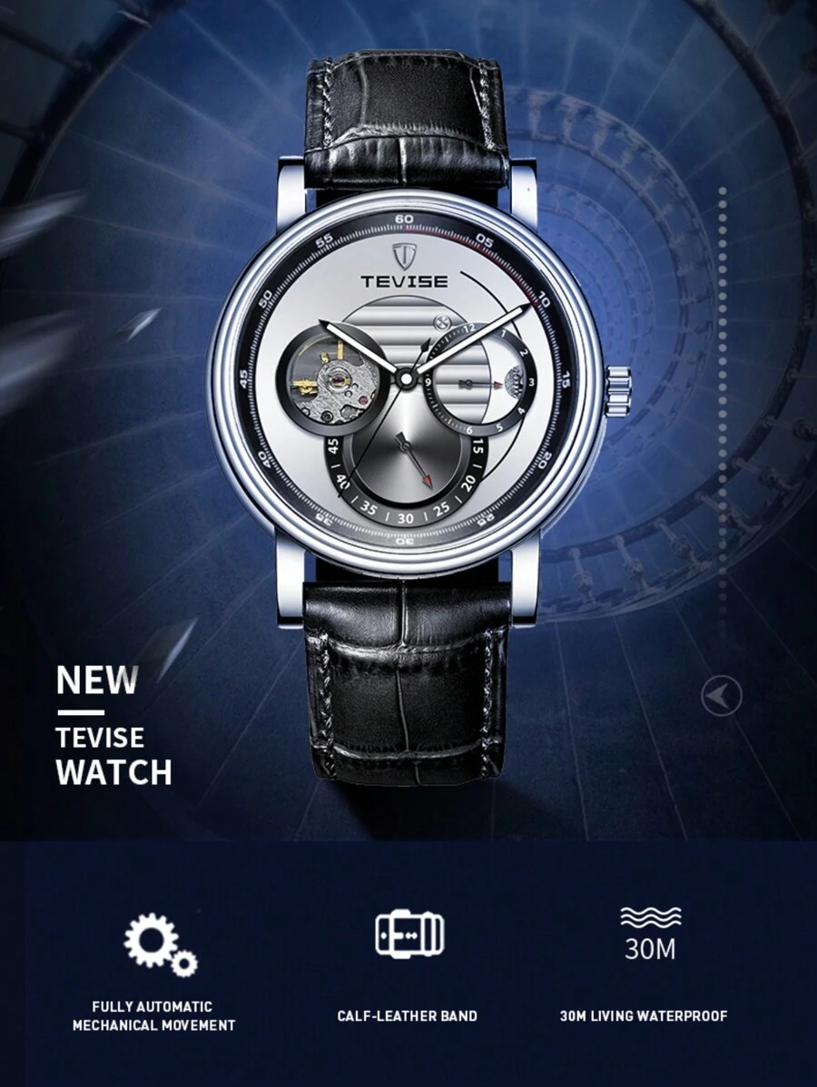 自动上链镂空表盘商务手表，防水，夜光，经典自动机械表男士