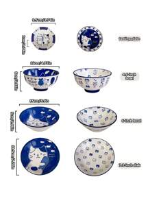 DearDali 一套日式原创陶瓷餐具，可爱猫咪图案，自制厨房酱汁碗碟，手绘陶瓷碗碟，时尚厨房必备，适合盛放早餐燕麦片或正餐。