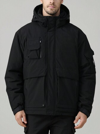 LEDUNTINO Chaqueta casual con cierre de cremallera, estilo novio, para hombre, gruesa, para exteriores, cálida, deportiva, de color sólido, regalo para el novio, chaqueta acolchada de invierno y otoño para hombre, con capucha desmontable, varios bolsillos, , a prueba de viento, cortavientos, para el otoño y el invierno, estilo novio