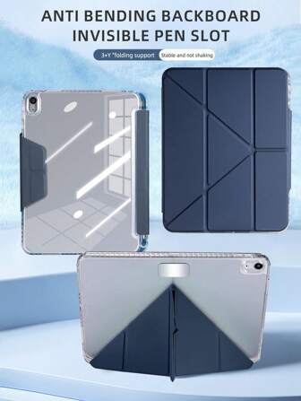 1pc Acrylic Y-Fold Flat Protective Case, Deep Blue, Magnetic Snap Closure, Multi-Angle Stand, Pen Slot, Transparent Acrylic Back Cover Anti-Bend Anti-Scratch, Sleep/Wake Function, Casual/Minimalist/Classic Design, Compatible With IPad Mini6/Mini7/9.7/10.2/10.5/Air4/Air5/10th/10.9/Pro11/Air11(M2)/Air13(M2)/Pro11(M4)/Pro13(M4) 2024 12.9inch