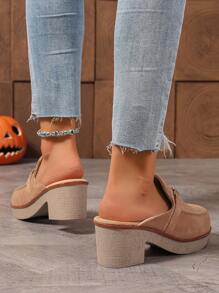 女士休闲高跟穆勒鞋，包头设计，带搭扣，时尚优雅，厚底高跟鞋 - 棕色 - 查看 7