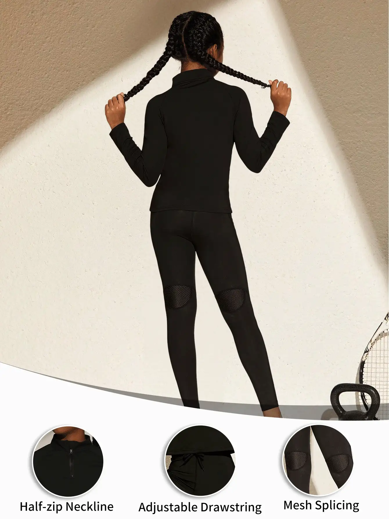 Bộ đồ thể thao 2 món cho bé gái tuổi teen, áo nỉ cổ hở nửa màu đen và quần legging màu đen, thoải mái, thấm hút mồ hôi, thoáng khí, trang phục thể thao thời trang cổ điển để tập luyện, đạp xe, chạy bộ, thể dục nhịp điệu - màu đen - Xem 2