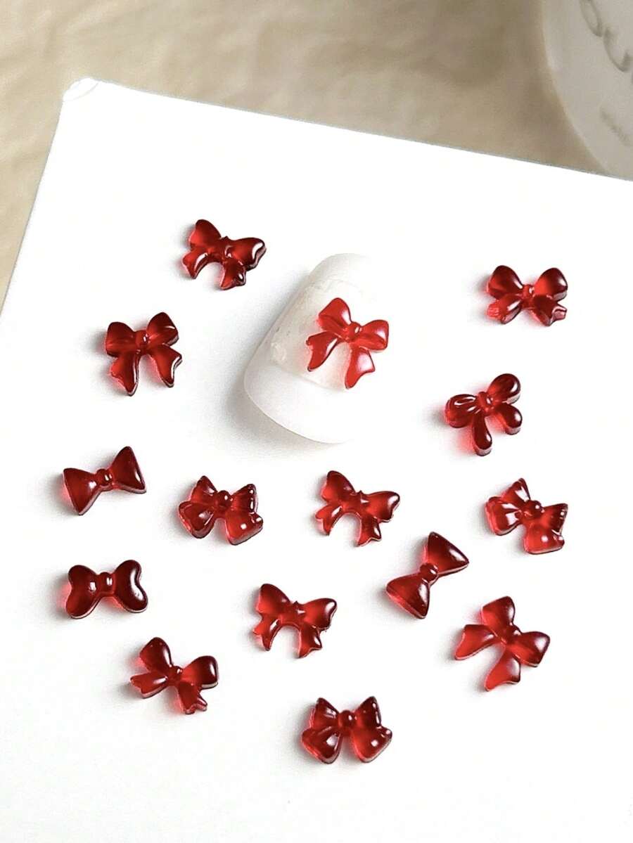 50 件混合酒红色迷你蝴蝶结树脂 3D 浮动丝带小蝴蝶结，圣诞节、情人节、美甲装饰工艺品 - 彩色 - 查看 1