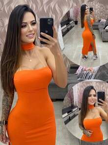 Midi Dress With Neck Bandage - 橘色 - 查看 2