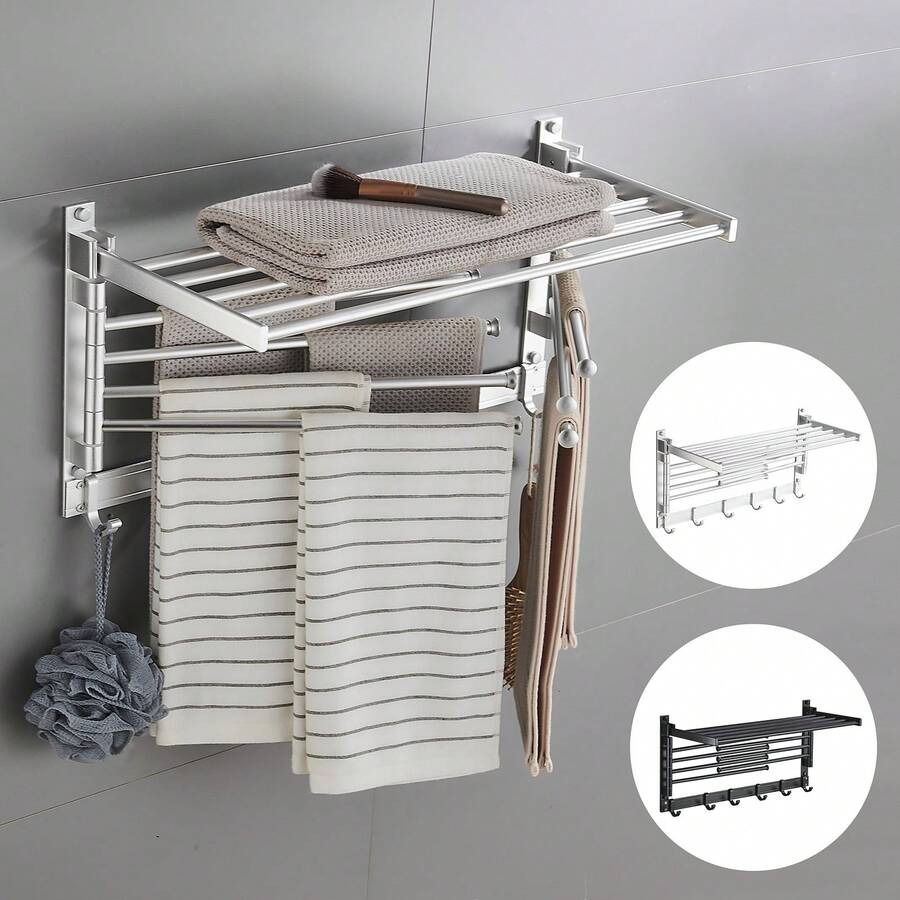 Collapsible Rotating Towel Rack NoDrill Bathroom Storage Holder For