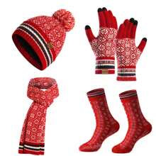 4pcs/Set Snowflake Pattern Knitted Hat, Scarf, Gloves And Socks Set, Christmas & Winter, Red