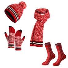 4pcs/Set Snowflake Pattern Knitted Hat, Scarf, Gloves And Socks Set, Christmas & Winter, Red