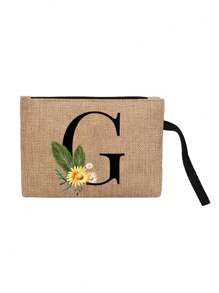 首字母雏菊字母 A-Z 印花亚麻拉链包、零钱包化妆包、手持零钱包、拉链口袋、数码包、口红包、手持绳零钱包、迷你收纳包、老师和女士生日礼物、旅行收纳包化妆包化妆收纳包化妆收纳袋化妆包 - 卡其色 - 查看 31