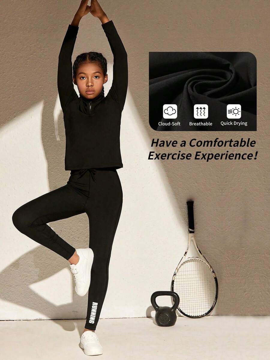 Bộ đồ thể thao 2 món cho bé gái tuổi teen, áo nỉ cổ hở nửa màu đen và quần legging màu đen, thoải mái, thấm hút mồ hôi, thoáng khí, trang phục thể thao thời trang cổ điển để tập luyện, đạp xe, chạy bộ, thể dục nhịp điệu - màu đen - Xem 1