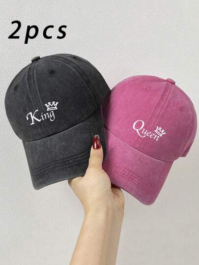2pcs/Set Street Style King And Queen Crown Print Baseball Cap, Variety Of Color Options, Suitable For Men And Women Outings, Commute, And Outdoor Sports