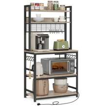 VASAGLE Kitchen Storage Rack With Power Outlet, Coffee Bar, Baker's Rack, With Metal Wire Panel, 14 Hooks, For Microwave, Steel Frame, 40 X 80 X 170 Cm, Greige And Ink Black