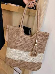 Baila Morena Women's Straw Tote Bag Beach Shoulder Strap Braided With Zipper Keychain Fringe Polka Dots - 卡其色 - 查看 7