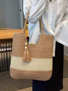 Baila Morena Women's Straw Tote Bag Beach Shoulder Strap Braided With Zipper Keychain Fringe Polka Dots - 卡其色 - 查看 6