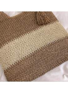 Baila Morena Women's Straw Tote Bag Beach Shoulder Strap Braided With Zipper Keychain Fringe Polka Dots - 卡其色 - 查看 8