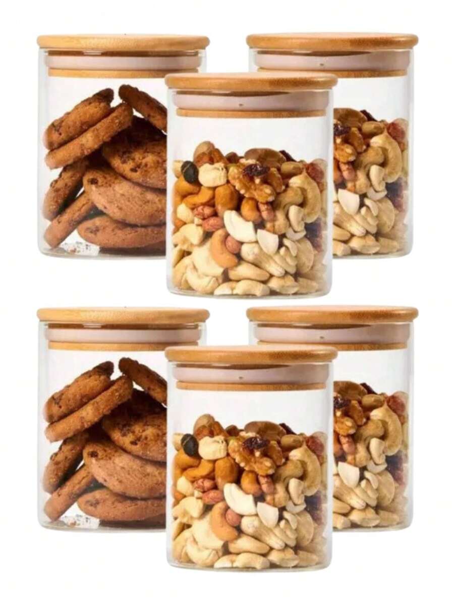 Kit 6 Lehavi Hermetic Jars 800ml Borosilicate Glass Bamboo Lid Secure Seal Modern And Functional Design Ideal For Preserving Fresh Food - Transparente - 查看 1