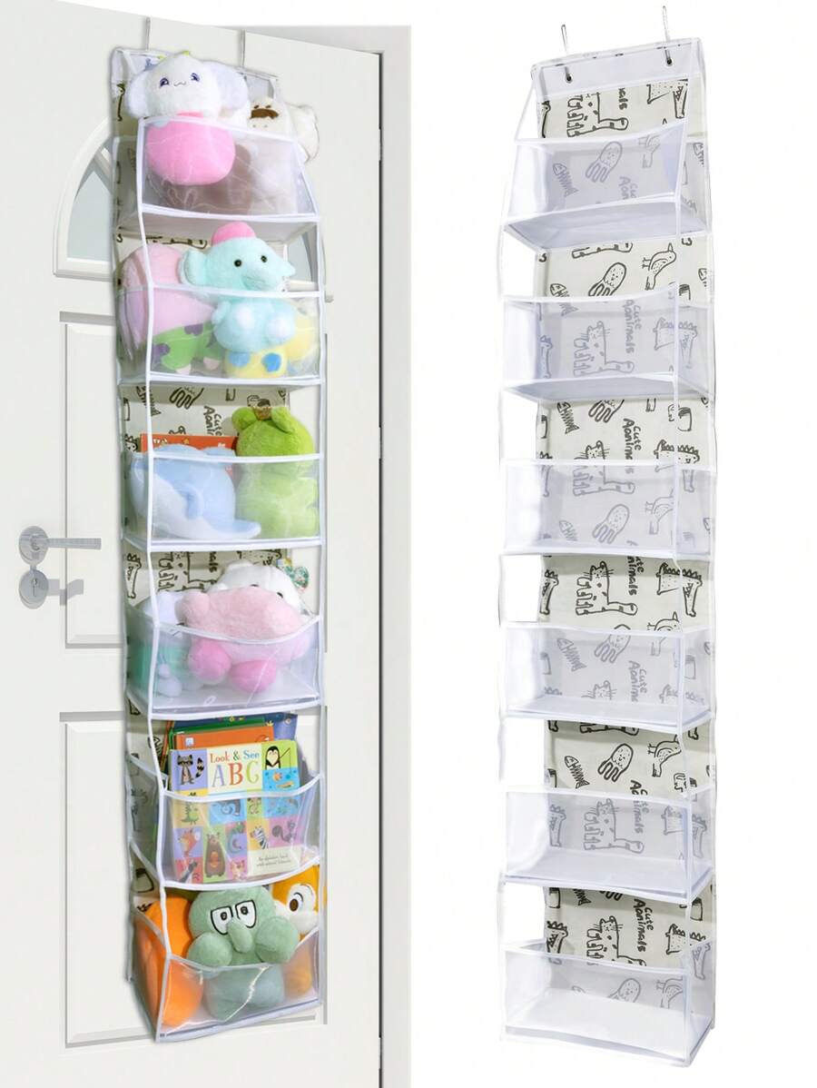 1个米色悬挂式收纳袋，可爱动物图案，6层房间收纳架，带透明网袋，可挂在门后；4层储物收纳架，适用于婴儿房收纳、娃娃架 - 彩色 - 查看 1