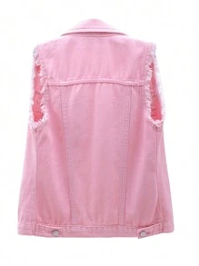 Women's Jean Vest Classic Washed Denim Vest, Sleeveless Solid Color Button Down Jean Jacket - Pink - View 2