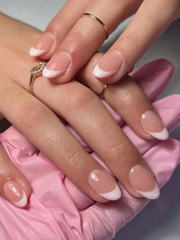 30pcs Short Coffin Matte Marble Ombre French Tip Press On Nails, Korean Style Sweet & Refreshing, Includes 1pc Jelly Gel & 1pc Nail File, Suitable For Ladies Parties, Dancing, Casual Wear, Reusable