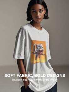 Women's Print Short Sleeve T-Shirt, Black & White Shirt, 180gsm Shirt, Crew Neck Short Sleeve T-Shirt, Breathable & Comfortable Casual Sports Fitness Tee, Casual Vintage Style, Suitable For Summer, Beach Holiday Crew Neck Short Sleeve Casual T-Shirt, Summer Tee