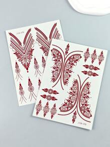 2 件棕色花朵指甲花纹身贴纸花卉防水临时纹身贴纸 Mehndi 设计手部身体艺术化妆假纹身 - 棕色 - 查看 4