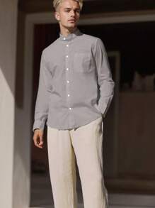 SANOPY Men's Cotton Linen Shirts Long Sleeve Button Down Shirt Band Collar Beach Shirts - Màu Xám nhạt - Xem 4