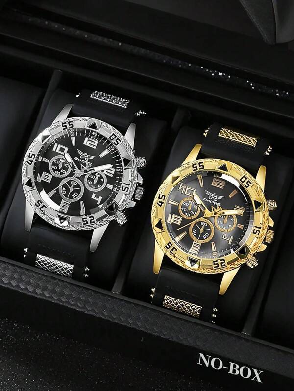 2PCS Men's Black Silicone Strap Classic Business Style Quartz Watch, Wear It When Going Out, Highlight Your Elegant