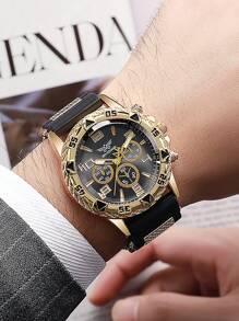 2 piezas Reloj de cuarzo de estilo empresarial clásico con correa de silicona negra para hombre, úsalo cuando salgas, resalta tu elegancia