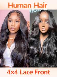 波浪卷人发假发 无胶升级版 4x4 蕾丝闭合假发 预切蕾丝前发假发 180% 密度女士人发假发 - Natural Black - 查看 2