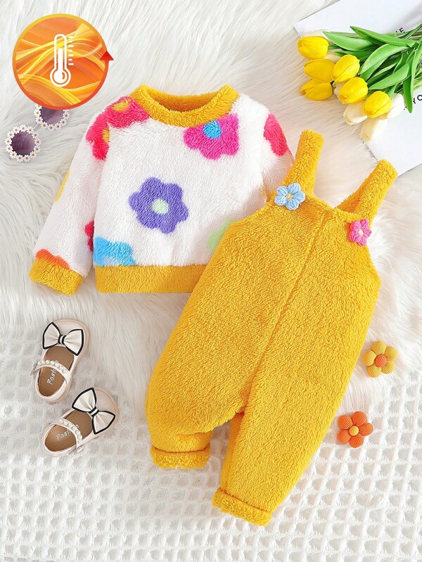 2 Stücke Set mit langärmeligem Top und Rundhalsausschnitt mit Blumenmuster für Baby Mädchen sowie Overall und Hose Einfarbig mit 3D-Blumenmuster, geeignet für den täglichen Ausflug, Herbst/Winter