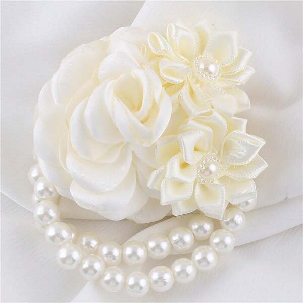 Elegante muñequera de dama de honor con flores de seda para novia, brazalete elástico con flores de mano para boda y baile de graduación