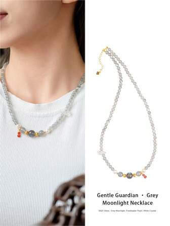  [VE] 1 pieza Collar con colgante de Moonstone natural premium con perla de plata 925, elegante collar de Moonstone gris. Su tono plateado-gris sereno es como la luz de la luna, que simboliza un amor puro y gentil. Usarlo es como abrazar la noche suave, agregando un femenino. Es una excelente opción para regalar a tu ser querido, mostrando un sentimiento romántico. El color de la joyería es aleatorio.