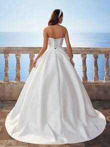 New Arrival Solid-Color Luxury Palace Style Glossy Beaded Satin A-Line Wedding Dress With Train, For Brides, Autumn/Winter, White Bridal Dress - White - View 3