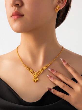 3pcs Set 24K Gold Dubai Style Fashion Women Jewelry Necklace, Saudi Arabia Accessories
