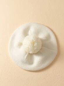 1pc Infant Solid Color Pom Pom Beret Hat, Warm For Winter - Beige - View 4
