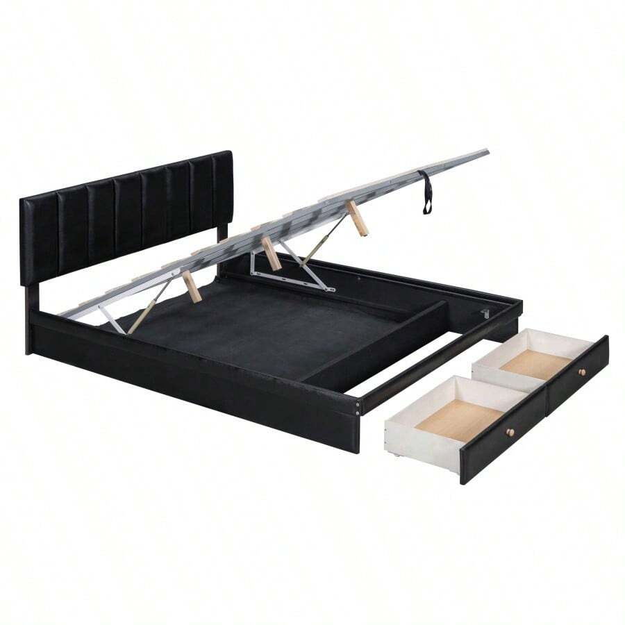 Queen Size Upholstered Bed With Hydraulic Storage System And Drawer
