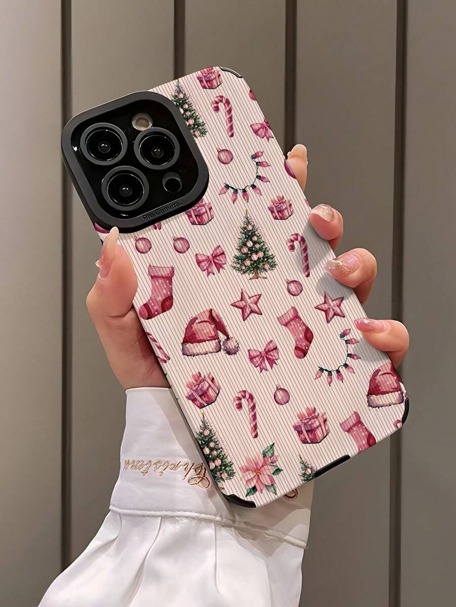 1pc Minimalist Pink Christmas Tree & Bow Stripe Faux Leather Texture