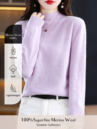 100% 美利奴羊毛女士毛衣柔软保暖立领套头衫秋冬毛衣单线无缝毛衣