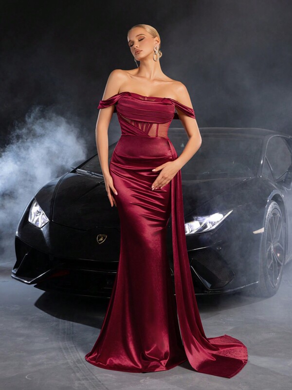 Robe de soirée formelle à épaules dénudées, avec insert en filet transparent et ourlet en satin côtelé, élégante robe de bal du soir, pour invitée de mariage, remise des diplômes, dîner